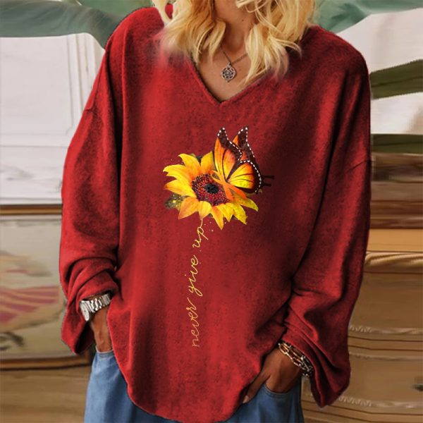 Never Give Up Printed Flower T-shirt