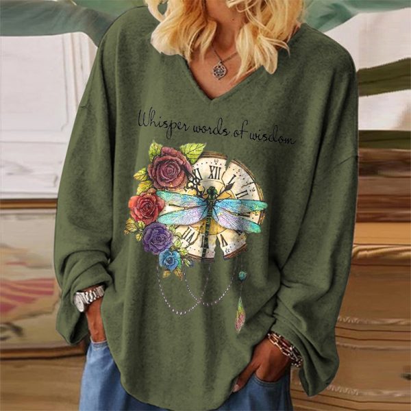 V Neck Flower Printed Long Sleeve Women's T-shirt